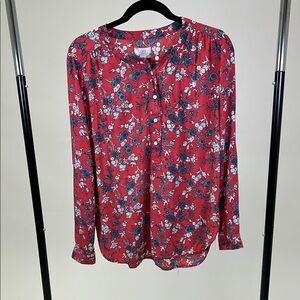 Loft Outlet Red Blue Long Sleeved Lightweight Floral Blouse Size Small